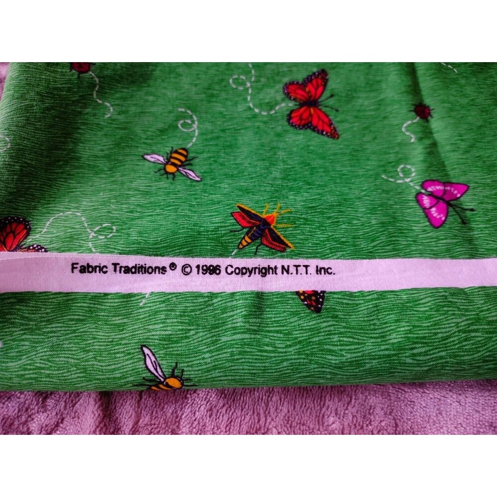 Vintage Fabric Traditions 1996 Green, Bugs Insects Cotton Fabric 43"x62"  1.7yds